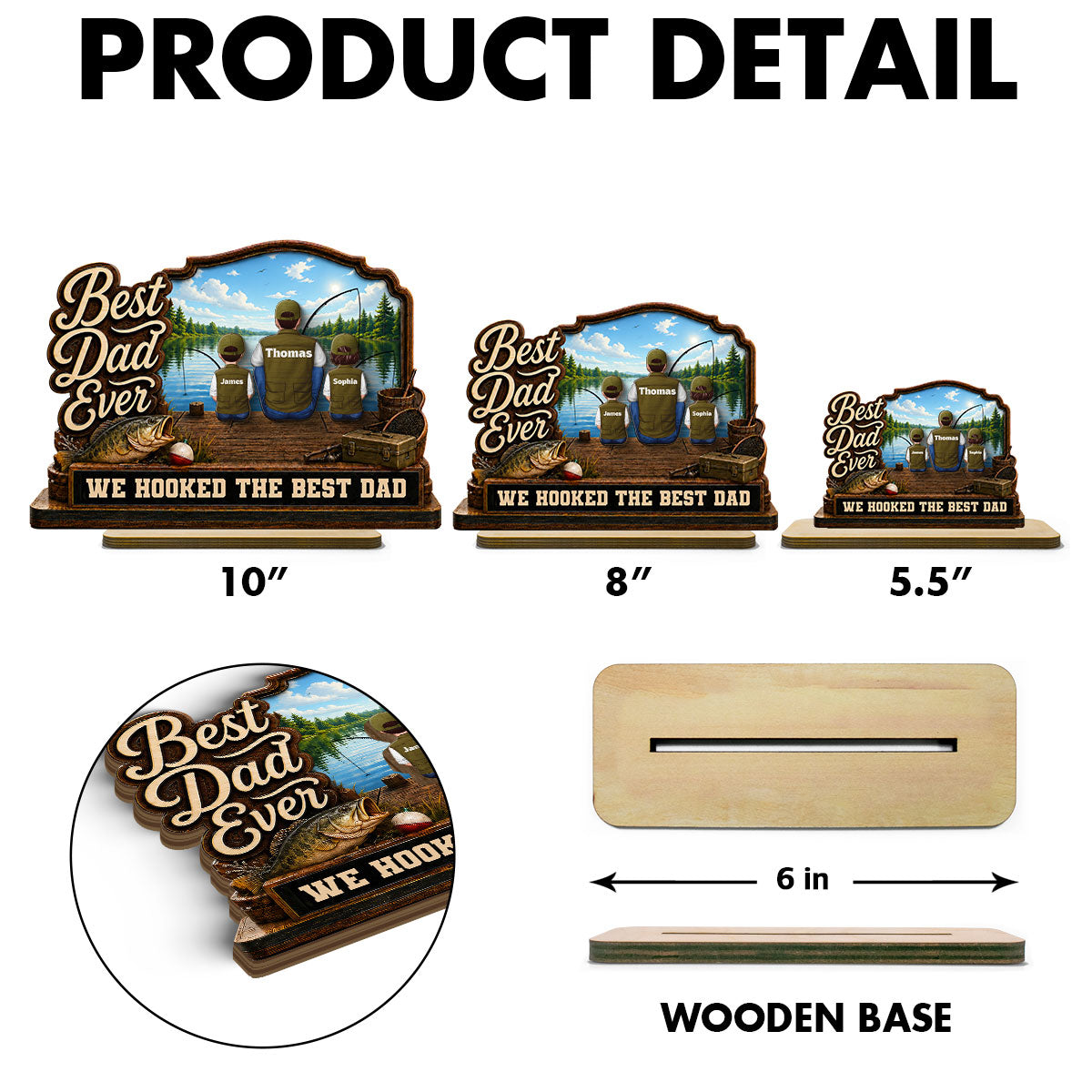 We Hooked The Best Dad Papa Fishing Man & Kids Back View 2D Flat - Personalized 2-Layered Wooden Plaque - Father's Day Gift For Hunting Dad, Grandpa