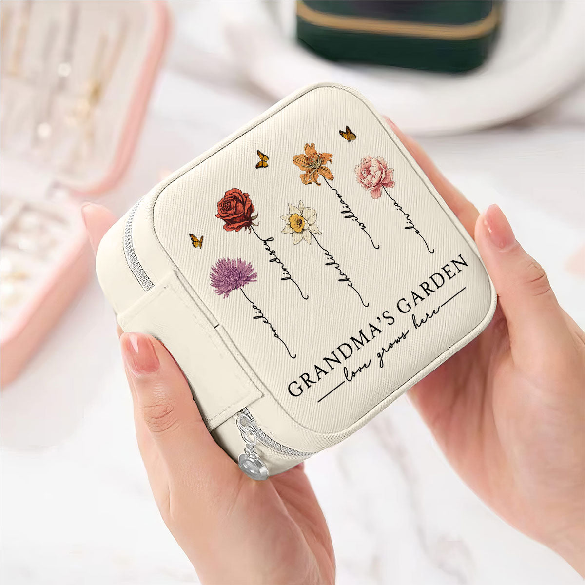 Grandma's Garden Love Grows Here Beautiful Birth Month Flower Personalized Jewelry Box, Gift For Grandma, Mom