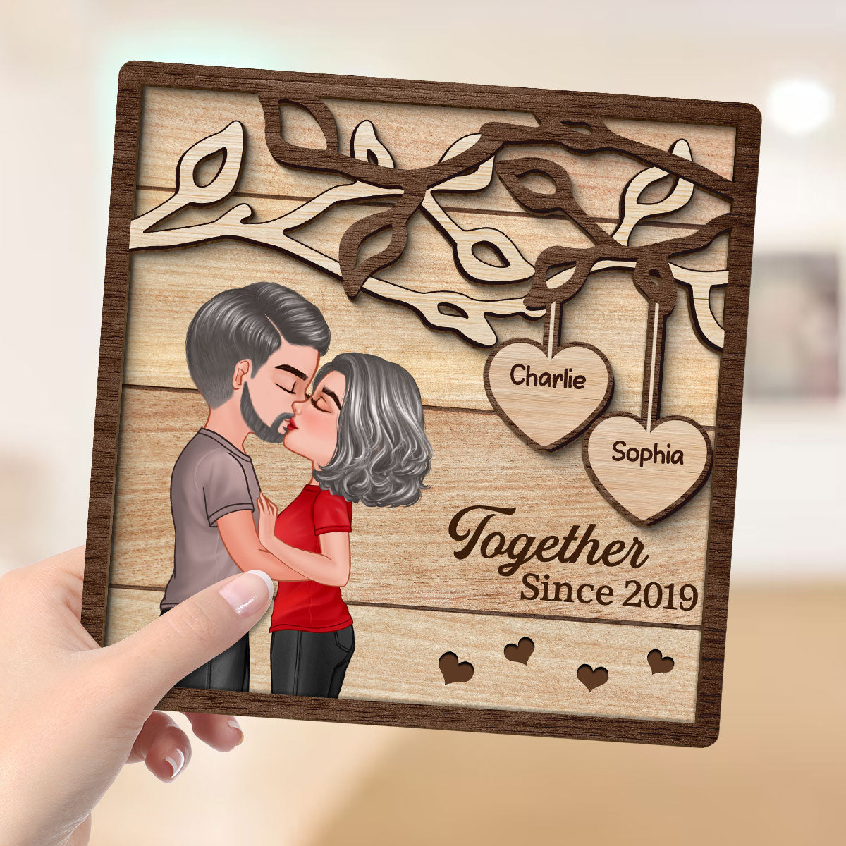 Couple Kissing Under Tree  Gift For Her Gift For Him Personalized 2-Layer Wooden Plaque