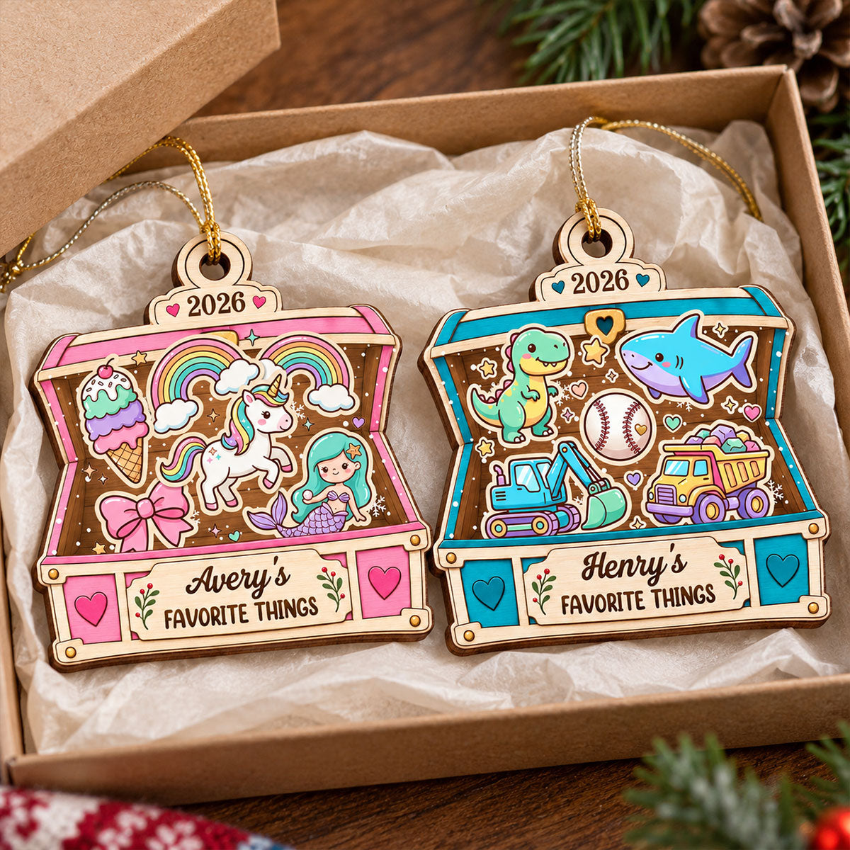 Kid's Favorite Things Treasure Chest 2D Flat Printed - Personalized Wooden Ornament - Custom Name & Favorite Things Keepsake Gift for Kids