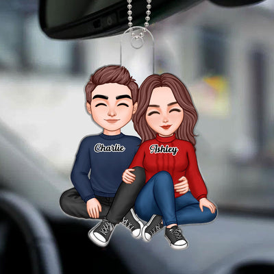 Cute Couple Sitting Hugging Personalized Acrylic Car Hanging Ornament