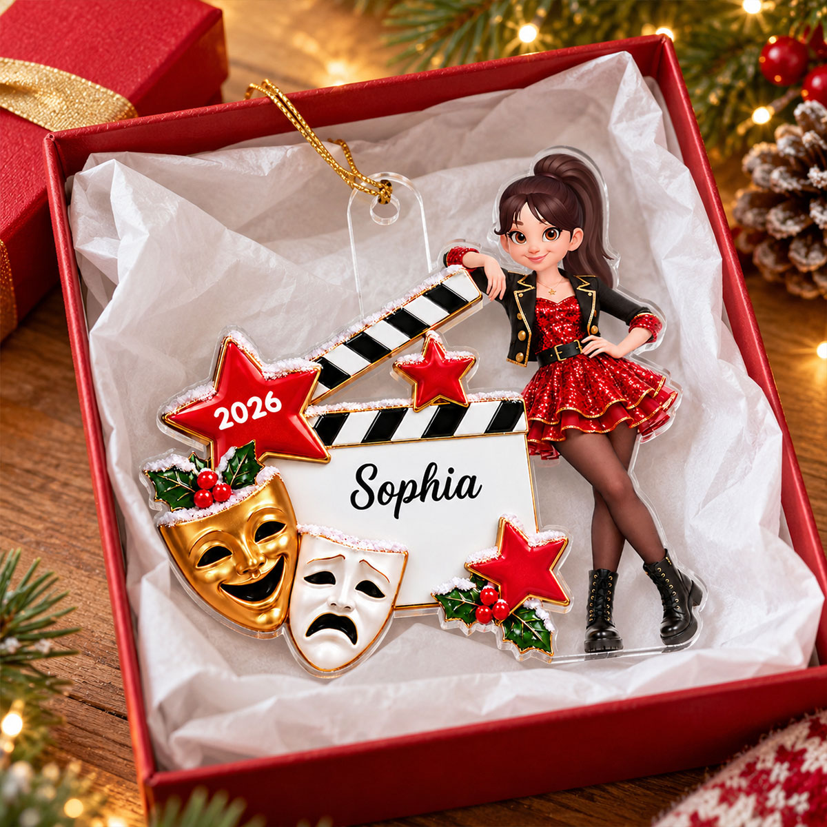 Musical Theater Girl Custom Name - Personalized Acrylic Ornament - Christmas Gift For Theater Lovers, Drama Club Girls, Musical Theater Students, Daughter, Granddaughter