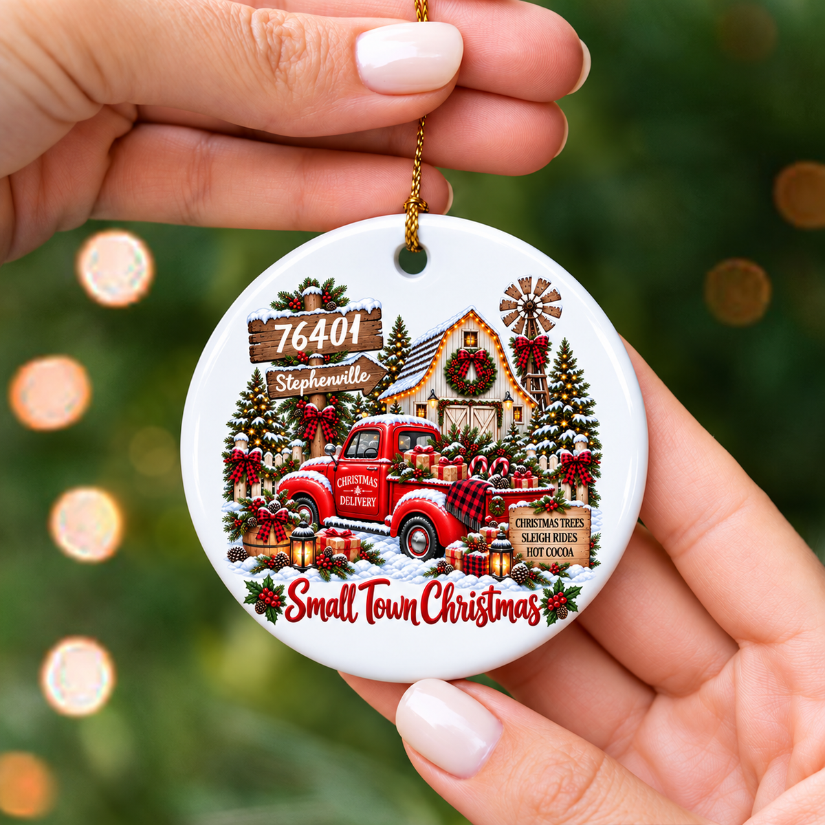Custom Zip Code Small Town Christmas - Personalized Ceramic Ornament - Trendy Christmas Holiday Tee, Town Pride