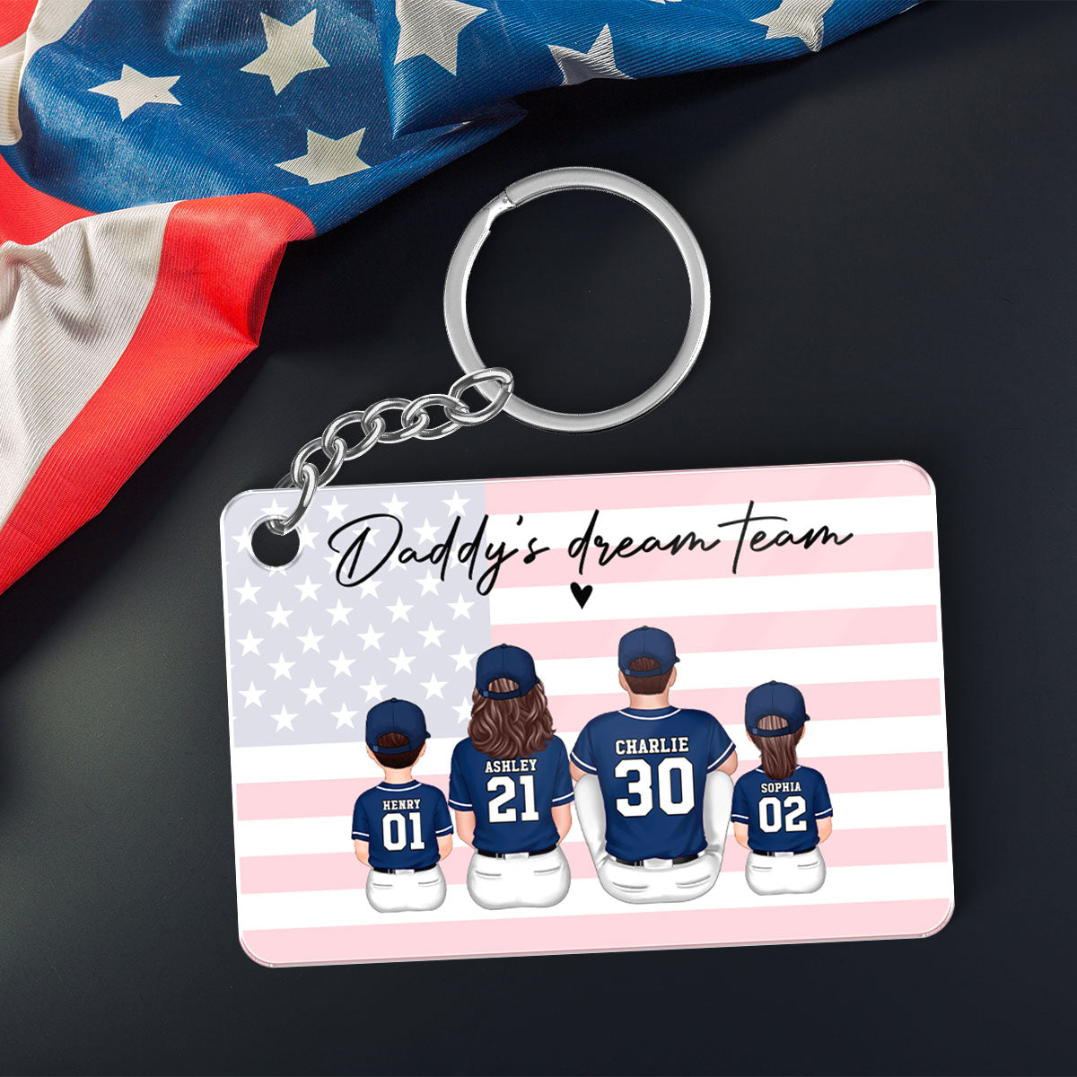 Daddy's Team Baseball Family Sitting Personalized Acrylic Keychain, Father's Day Gift For Dad, Grandpa, Husband
