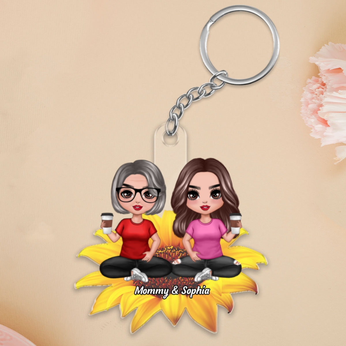 Mom Daughters Sons Sitting On Flower Personalized Acrylic Keychain