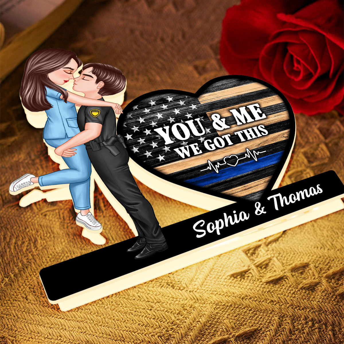 Hero Couple Kissing You & Me We Got This Job Occupation Flag Heart - Personalized Light Box