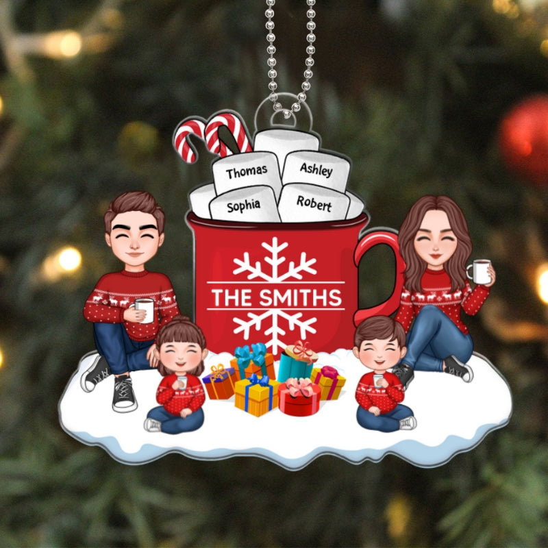 Cute Family Dad Mom Kids Dogs Cats Sitting By Christmas Hot Cocoa Personalized Acrylic Ornament