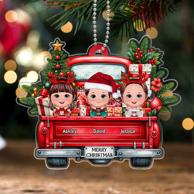 Merry Christmas Grandkids On Truck Personalized Acrylic Ornament, Christmas Gift For Granddaughter Grandson Grandkid From Grandma