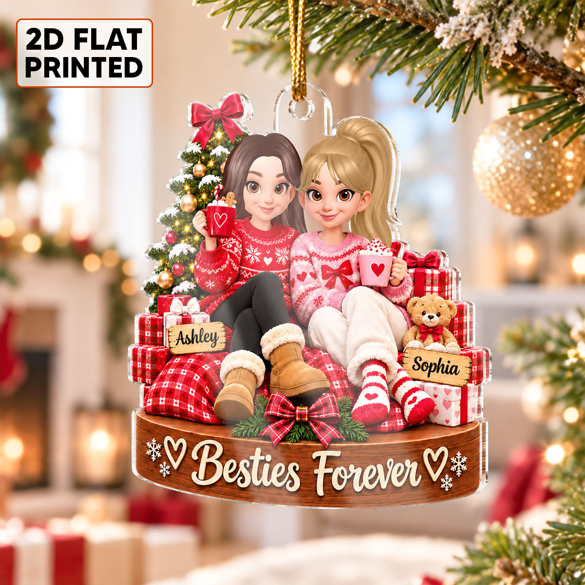 Besties Forever Custom Names Christmas Girls - Personalized Acrylic Ornament - Christmas Gift For Best Friends, Besties, BFF, Soul Sisters
