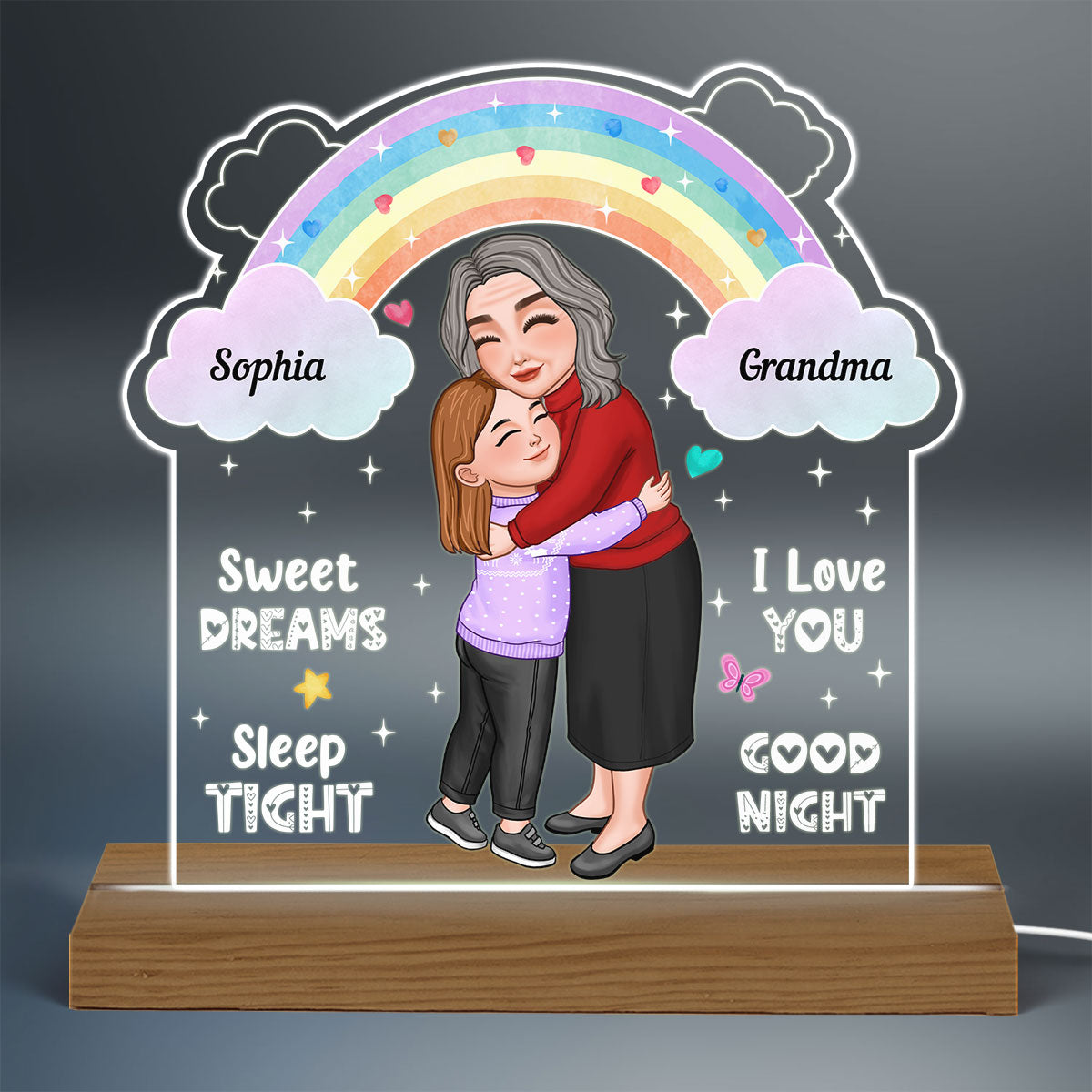 Sweet Dreams Sleep Tight Grandma Mom Hugging Little Girl Personalized Acrylic Plaque With LED Night Light