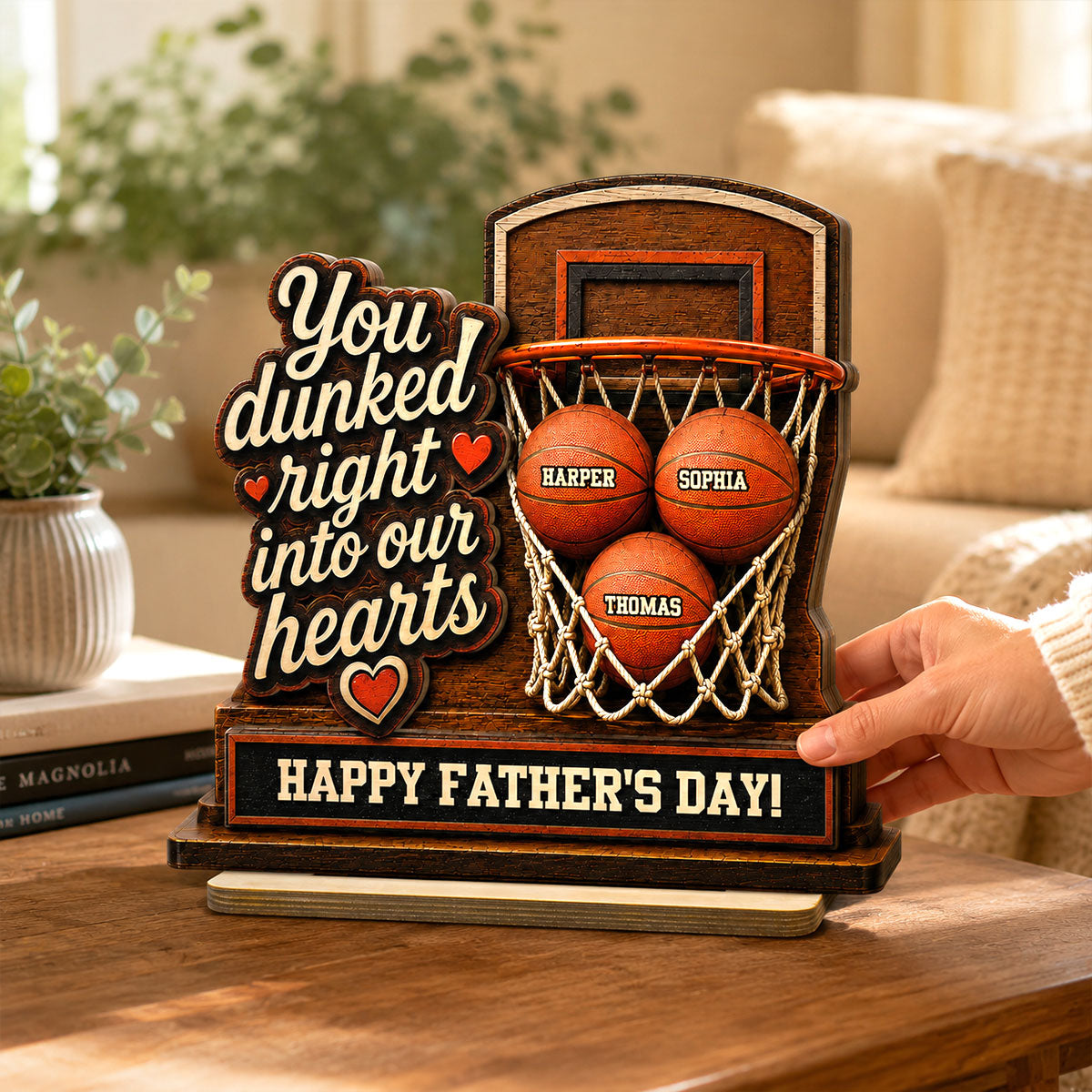 You Dunked Right Into Our Hearts Custom Name 2D Flat - Personalized 2-Layered Wooden Plaque - Father's Day Gift For Basketball Dad