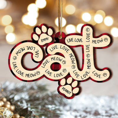Cat Live Love Meow Paws Christmas Personalized 2-Layer Wooden Ornament, Christmas Gift for Cat Lovers