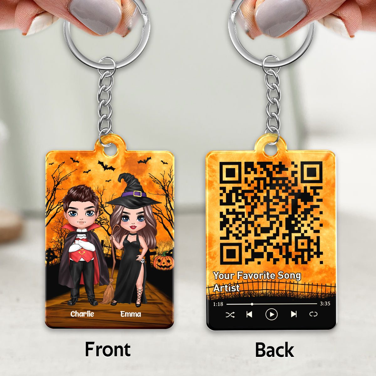 Halloween Doll Couple Standing Favorite Song Scannable QR Code Personalized Acrylic Keychain