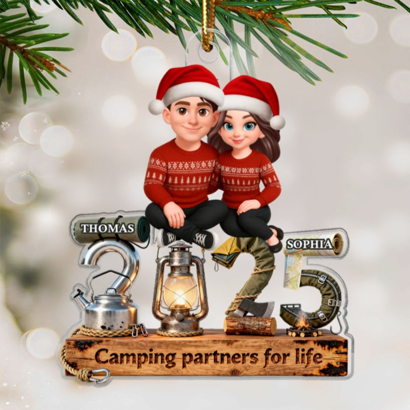 3D Effect Couple Camping Partners For Life Signature Symbols Christmas - Personalized Acrylic Ornament - Gift For Camping Couple, Gift For Him, For Her