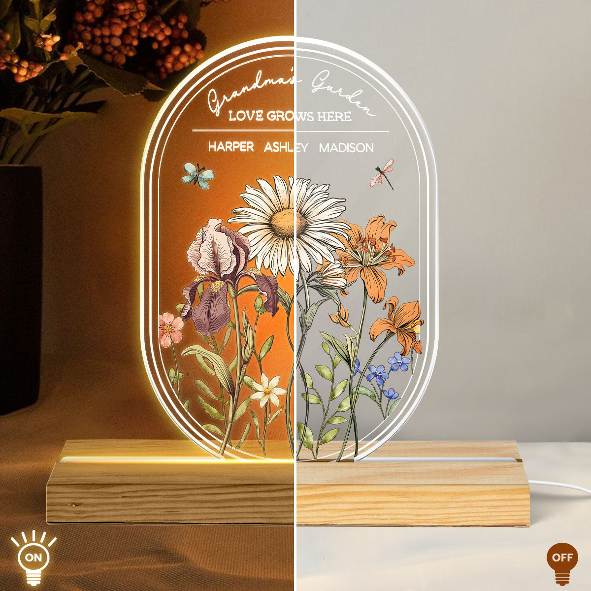 Personalized Birth Month Flowers Grandma's Garden Oval Shaped Acrylic Night Light, Gift for Mom, for Grandma