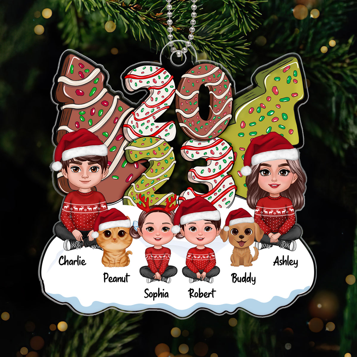Family Dad Mom Kids Dogs Cats Sitting By 2024 Christmas Tree Cake Patterned Personalized Acrylic Ornament
