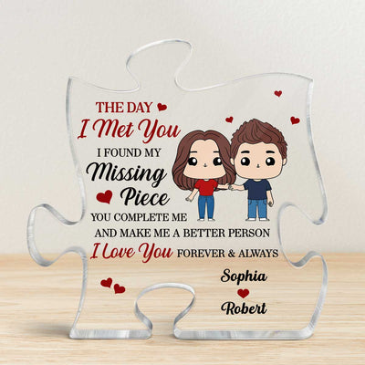 Cute Chibi Couple Found My Missing Piece Personalized Puzzle Acrylic Plaque