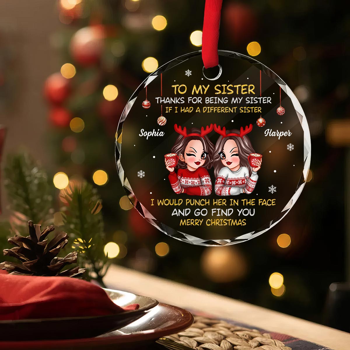 To My Sister Brother Merry Christmas Personalized Glass Ornament, Christmas Gift For Sisters, Brothers