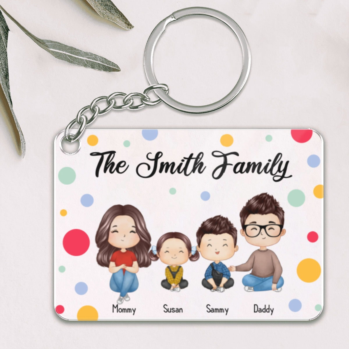 Polka Dot Pattern Whole Family Couple Dad Mom Kids Dogs Cats Watercolor Styles Sitting Personalized Acrylic Keychain