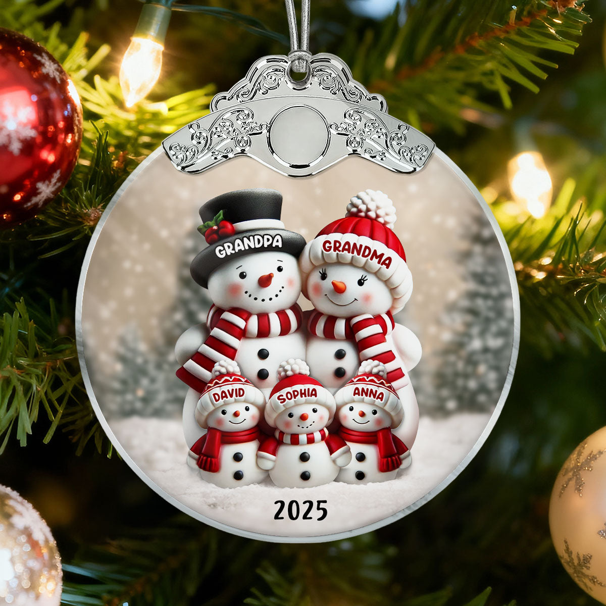 3D Effect Cute Snowman - Personalized Glass Ornament With Silver Cap - Christmas Decor For Family, Grandma, Grandpa
