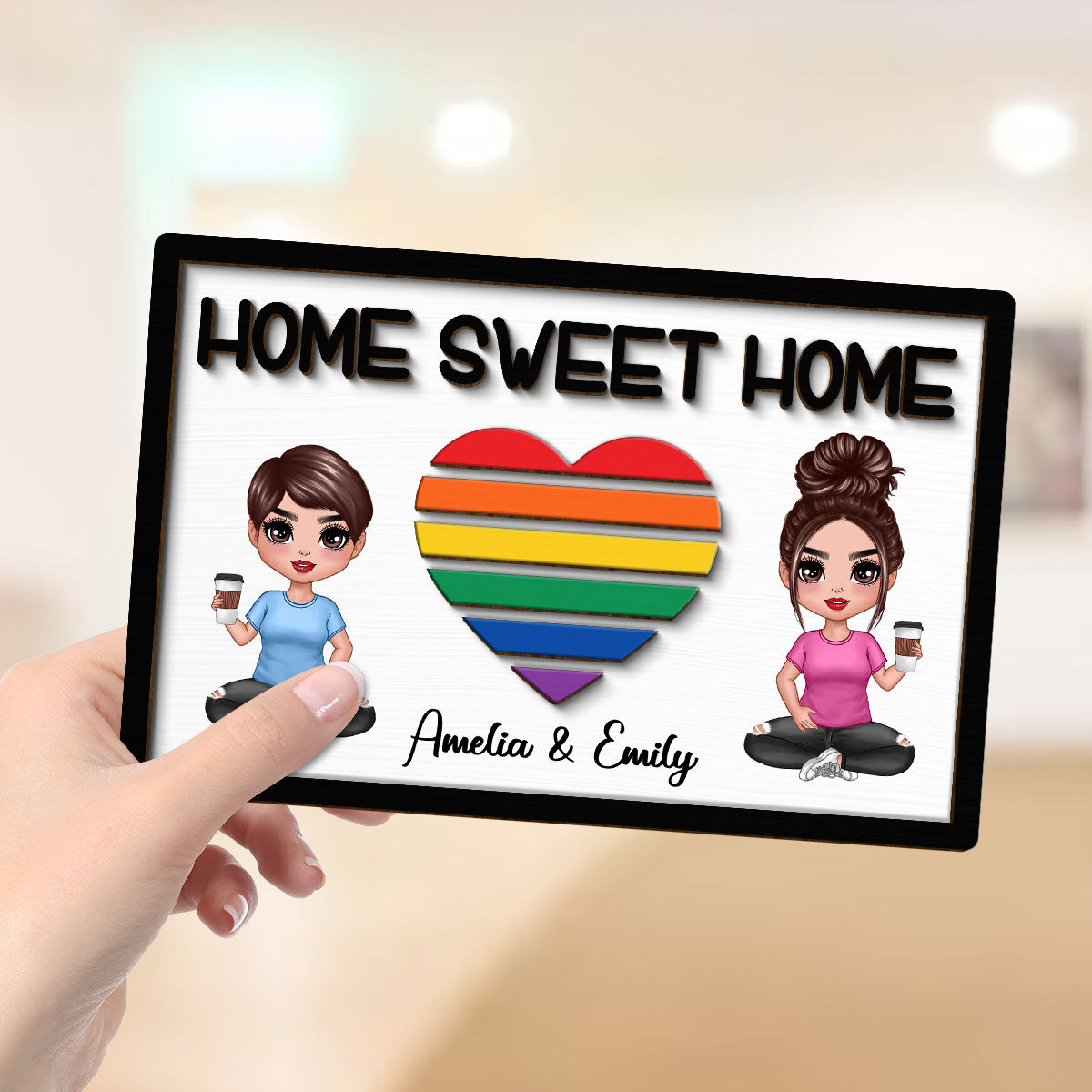 Home Sweet Home LGBT Couple Personalized 2-layer Wooden Plaque