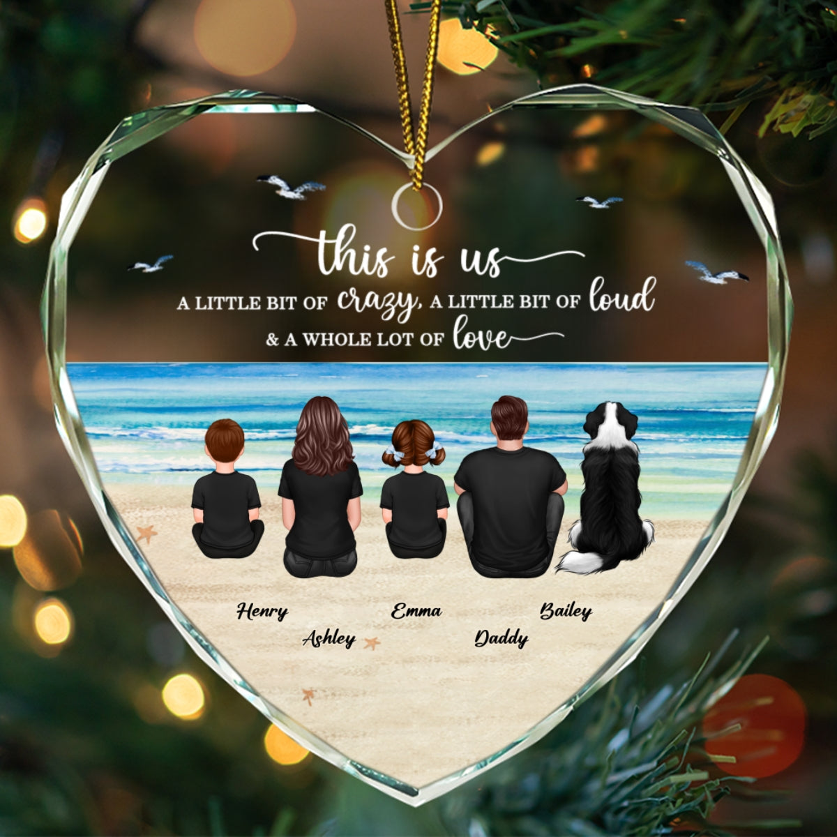 Family Sitting Back View Retro Vintage Beach Landscape Personalized Heart Glass Ornament