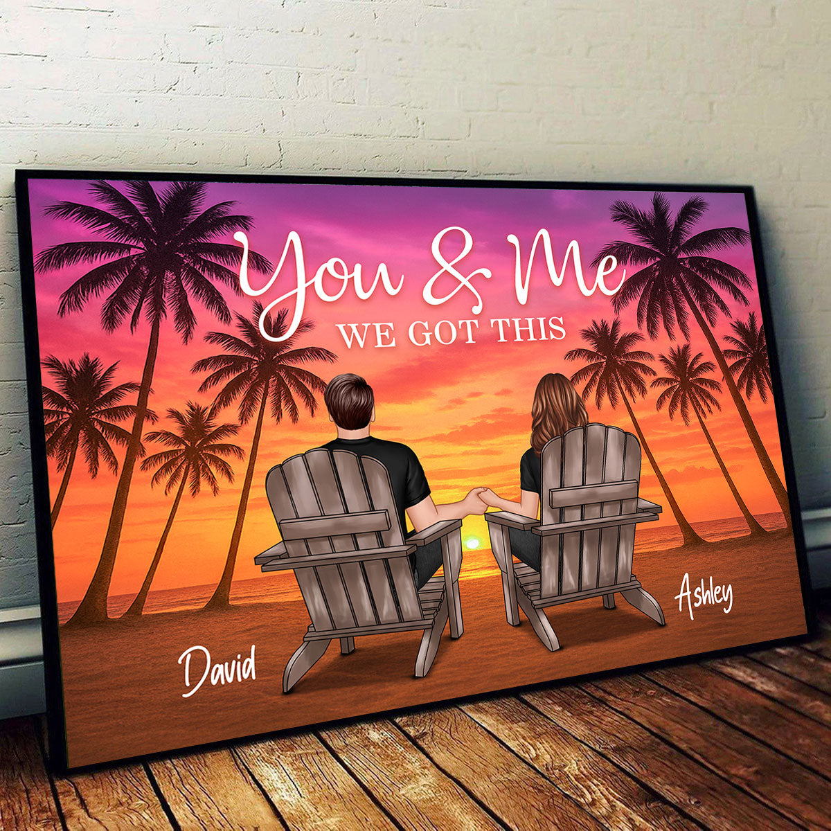 Couple Beach Sunset Under Tree Palm Personalized Poster, Anniversary gift for him, for her