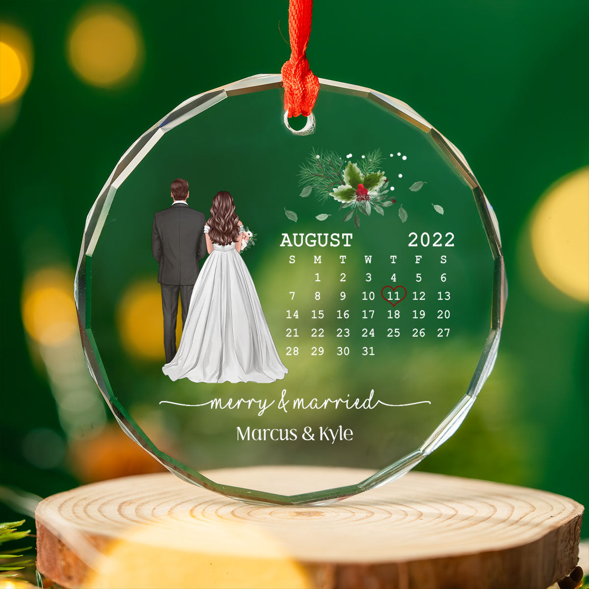 Merry And Married First Christmas Couple Calendar Personalized Christmas Glass Ornament, Anniversary Gift, Newlywed Gift, Wedding Gift