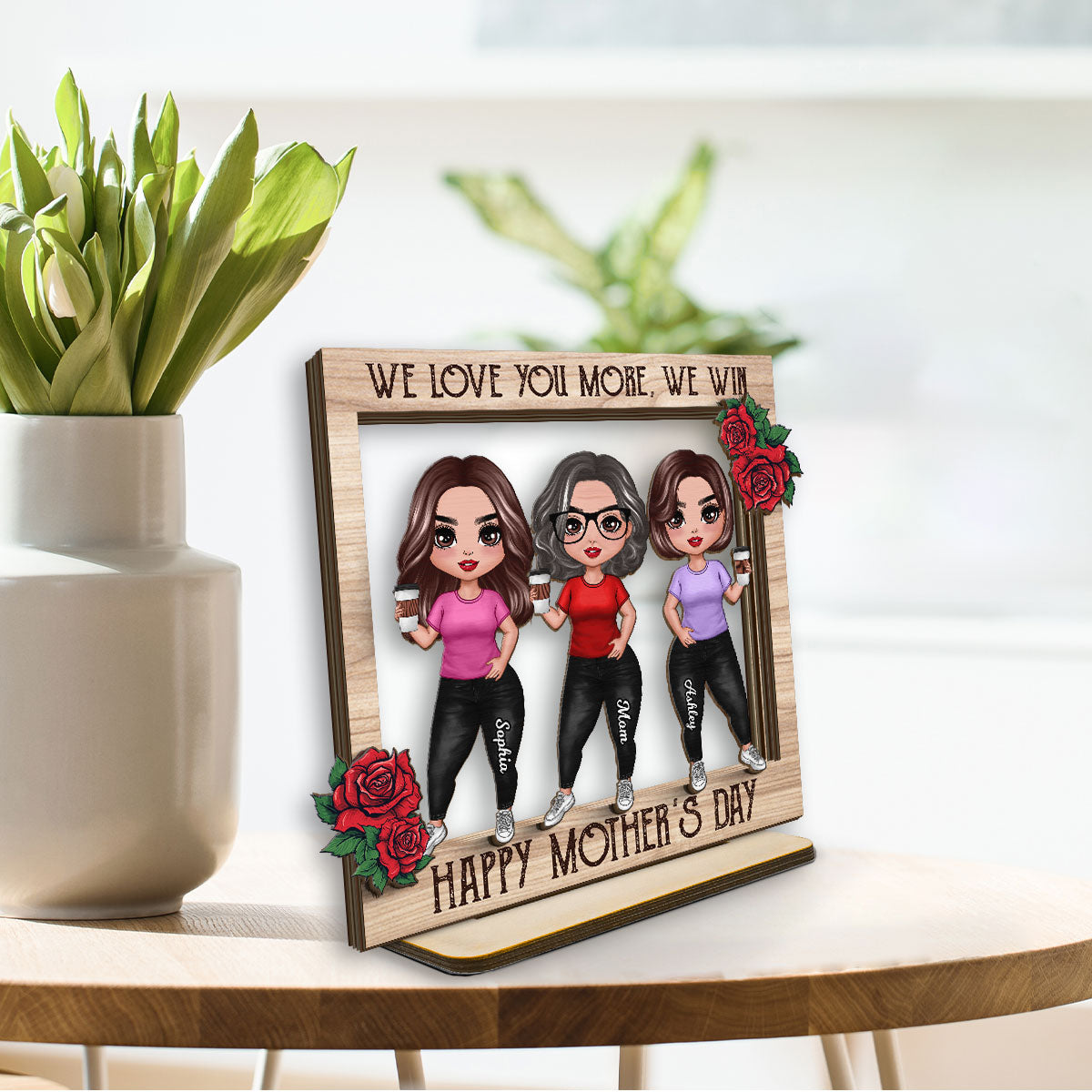 Roses Frame Mom And Daughter Personalized 2-Layer Standing Wooden Plaque