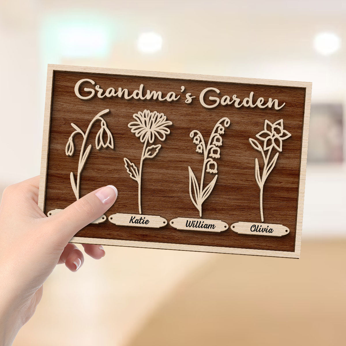 Grandma Mom Garden Outline Birth Month Flowers Personalized 2-layer Wooden Plaque