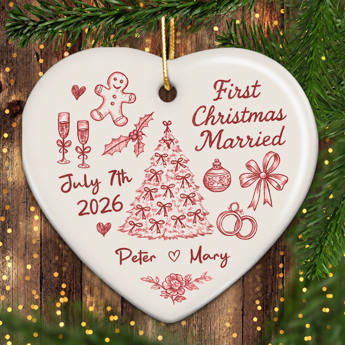 First Christmas Married Toile De Jouy Pattern - Personalized Ceramic Ornament - Christmas Gift For Him, For Her, For Couple