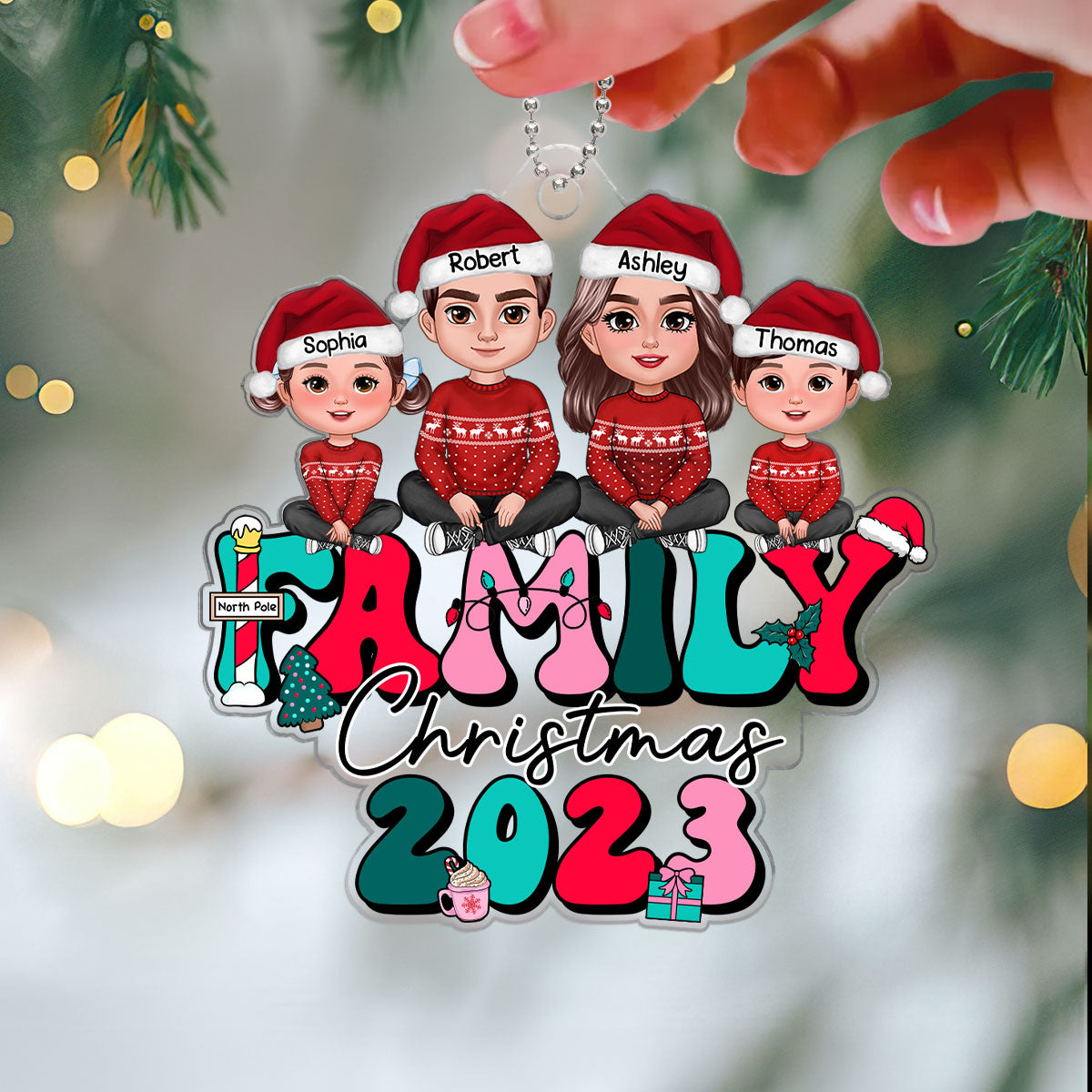 Retro Christmas Family Sitting Crossed Legs Personalized Acrylic Ornament