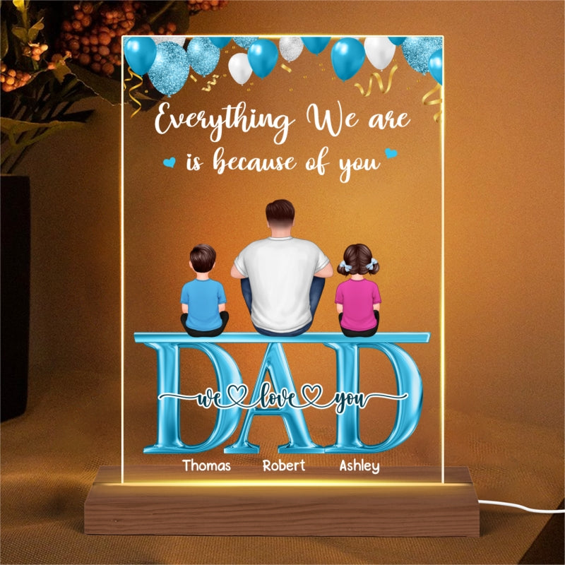 Balloons Back View Dad Sitting With Kids Dogs Cats Sitting On Words Personalized Rectangle Acrylic Plaque LED Night Light