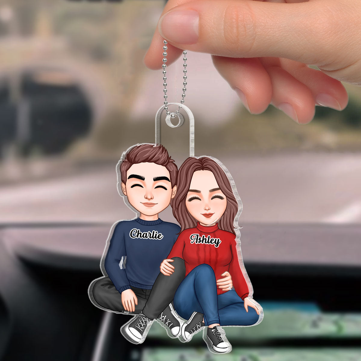 Cute Couple Sitting Hugging Personalized Acrylic Car Hanging Ornament