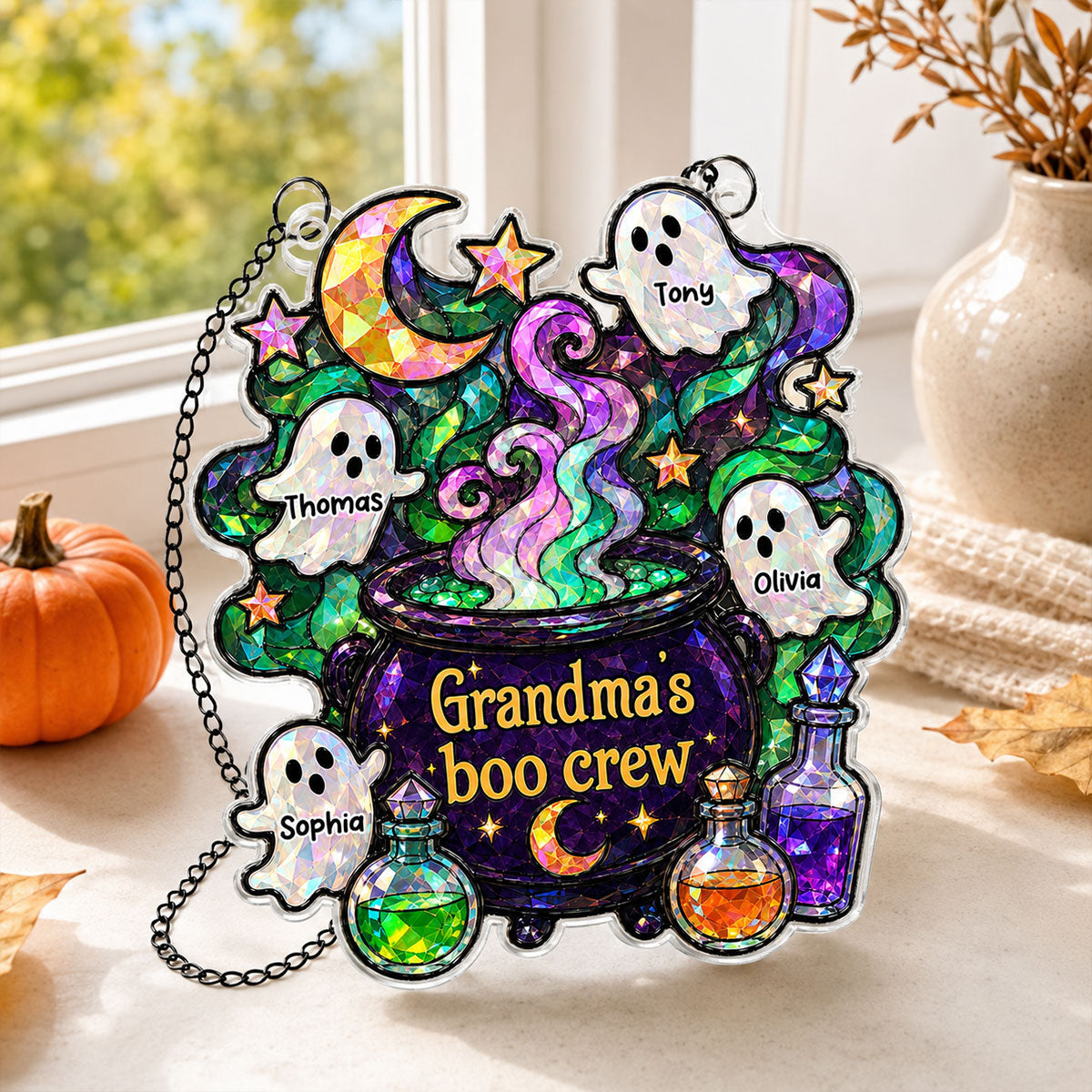 Mysterical Grandma's Boo Crew Cauldron - Personalized Window Hanging - Halloween Decoration For Grandma