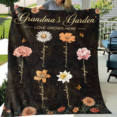 Grandma's Garden Vintage Birth Month Flower Personalized Fleece Blanket, Gift For Grandma