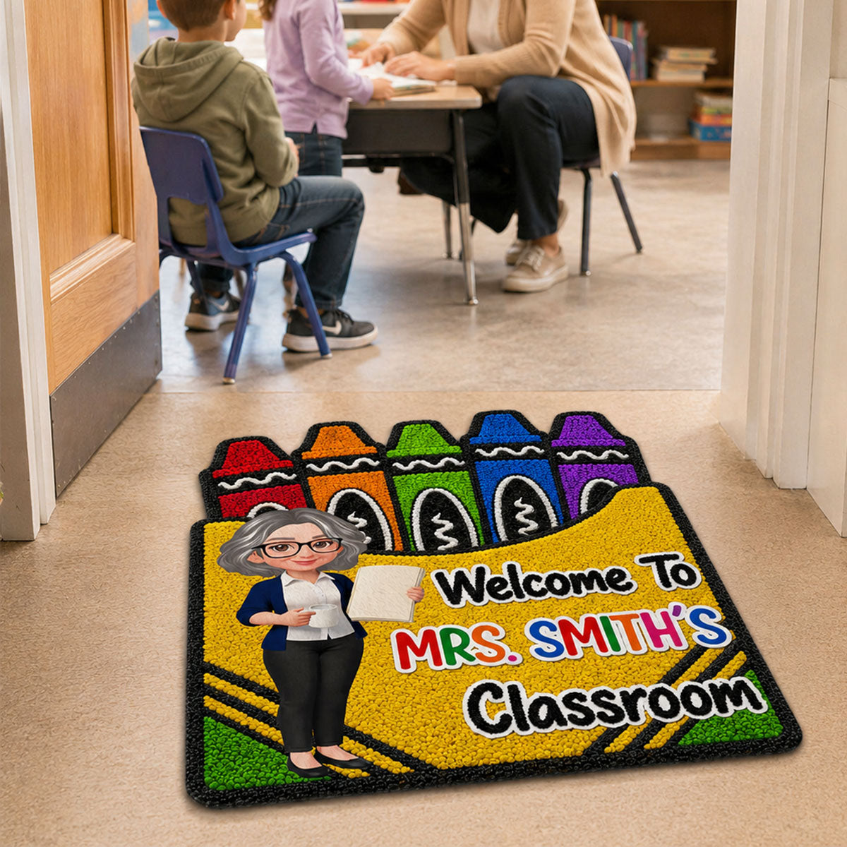 Teacher Welcome To Classroom Crayon Box Faux Yarn Pattern - Personalized Doormat - Back To School Gift For Teacher, Classroom Decor