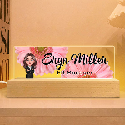 Daisy Woman Office Personalized Acrylic Block LED Night Light, Desk Name Plate, Office Desk Decor, Gift For Colleagues, Coworkers, Boss