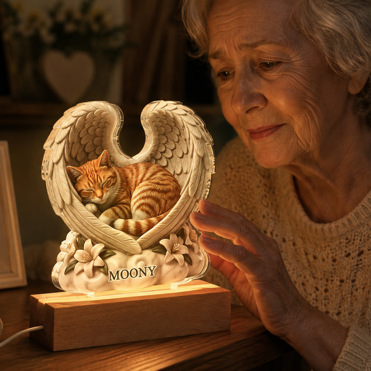 Custom Dog Cat Angel Wings Statue - Personalized Acrylic Block LED Night Light - Heartfelt Pet Memorial Gift