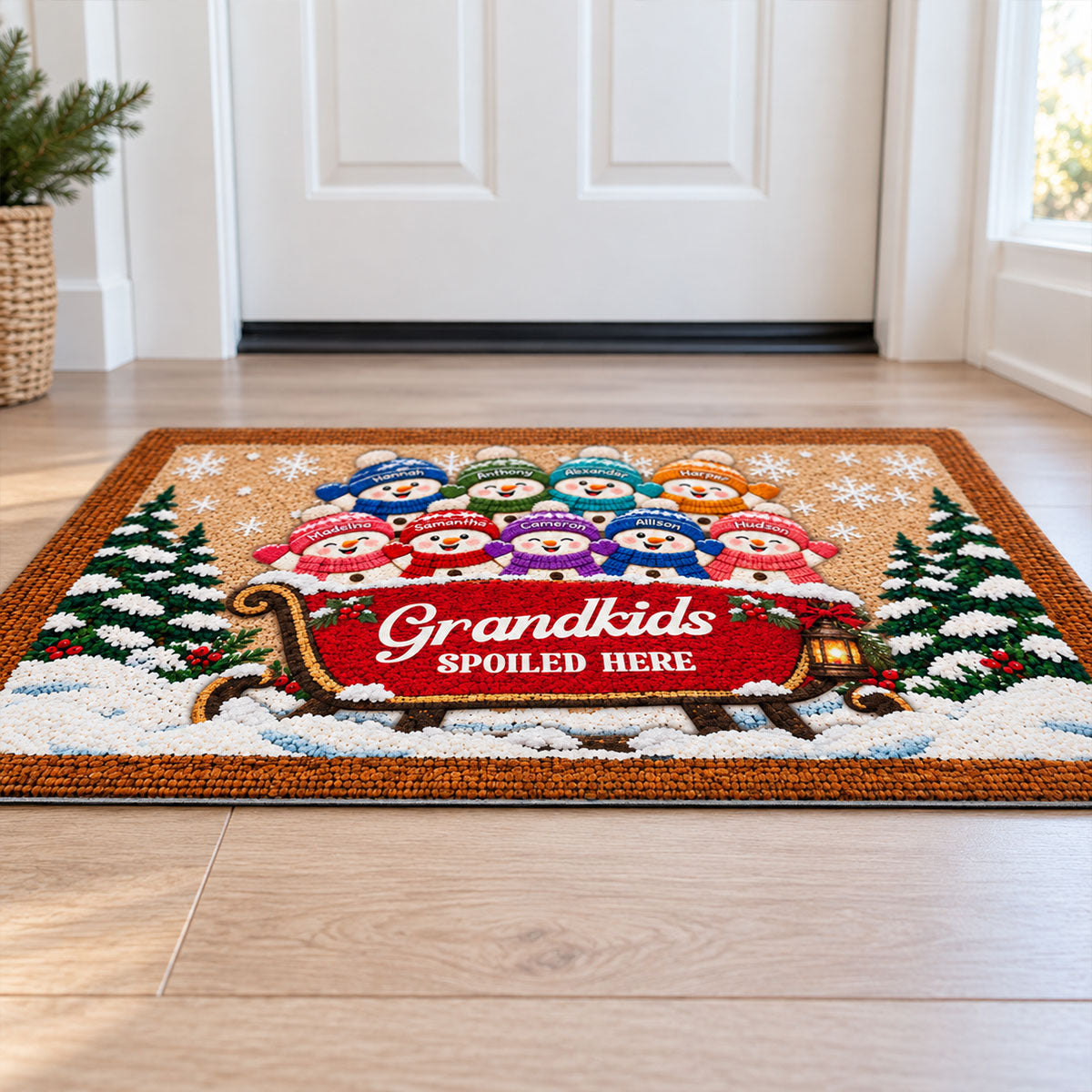 Welcome To Grandparents' Grandkids Snowman On Sleigh - Personalized Door Mat - Christmas Decor For Grandparents, Family