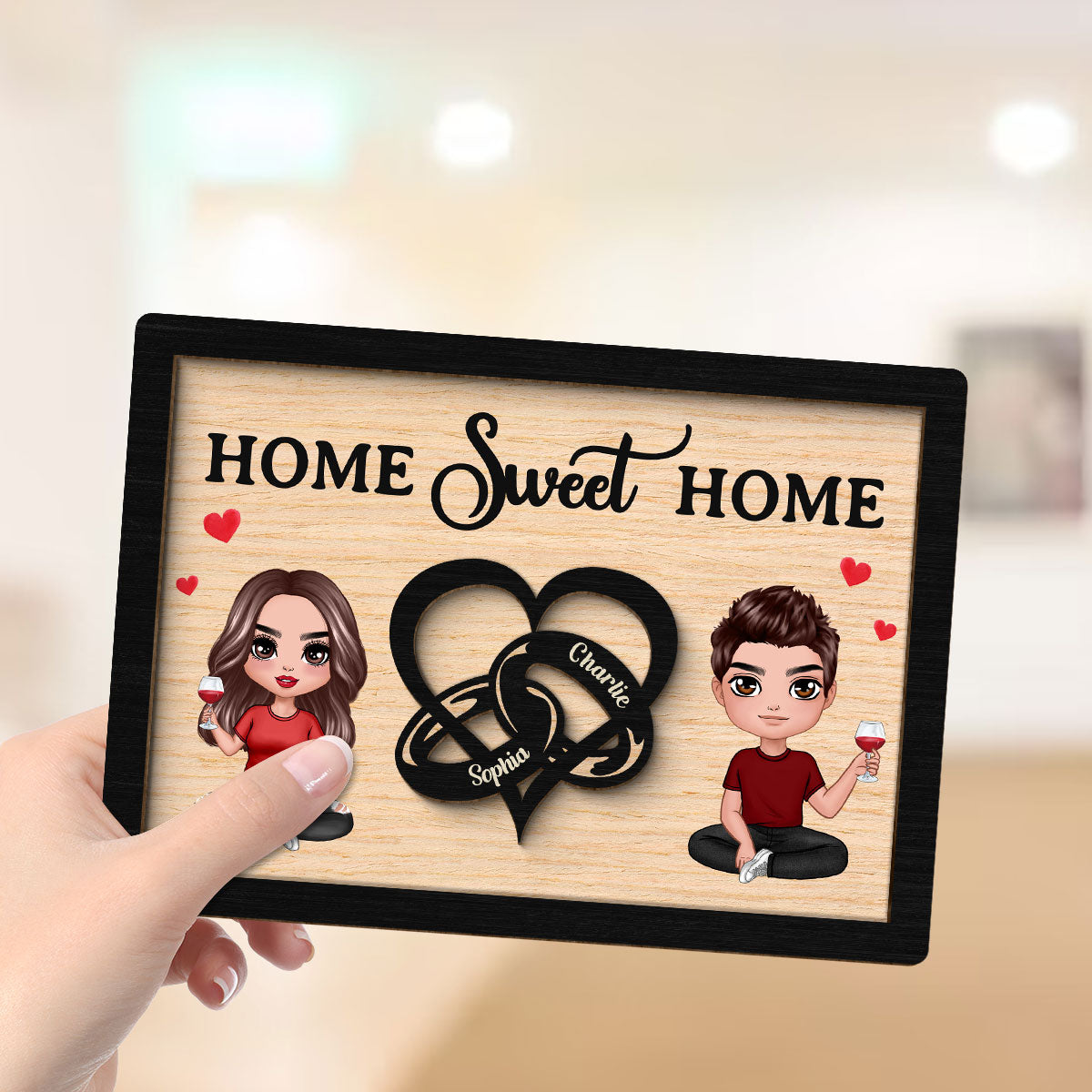 Doll Couple Heart Rings Valentine‘s Day Gift Personalized 2-layer Wooden Plaque