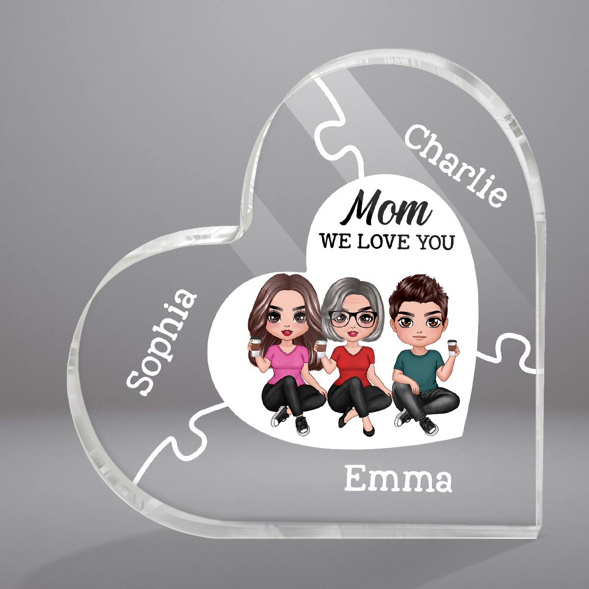 Mom We Love You Puzzle Heart Personalized Acrylic Heart Plaque