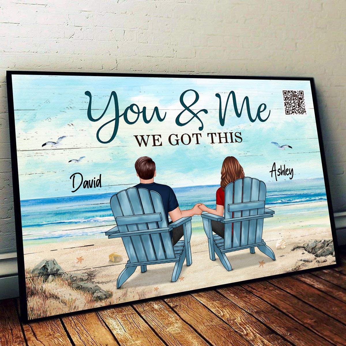 Back View Couple Sitting Beach Landscape Scannable QR Code To Favorite Song Personalized Horizontal Poster