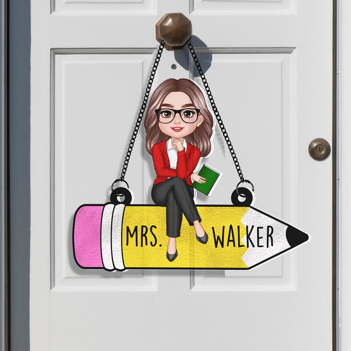 Teacher Sitting On Pencil Personalized Suncatcher, Teacher Appreciation Gift, Back To School Gift