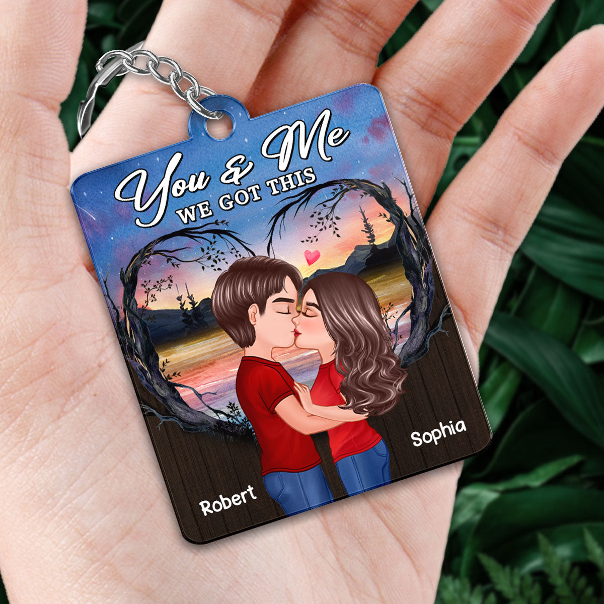 Doll Couple Kissing Sunset Tree Arch Favorite Song QR Code Personalized Acrylic Keychain