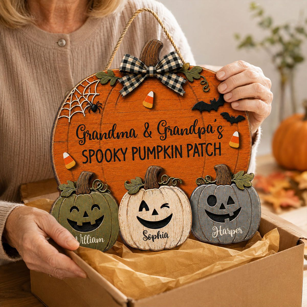 Grandma & Grandpa's Spooky Pumpkin Patch 2D Flat Printed - Personalized Wood Sign - Halloween Decor For Grandparents