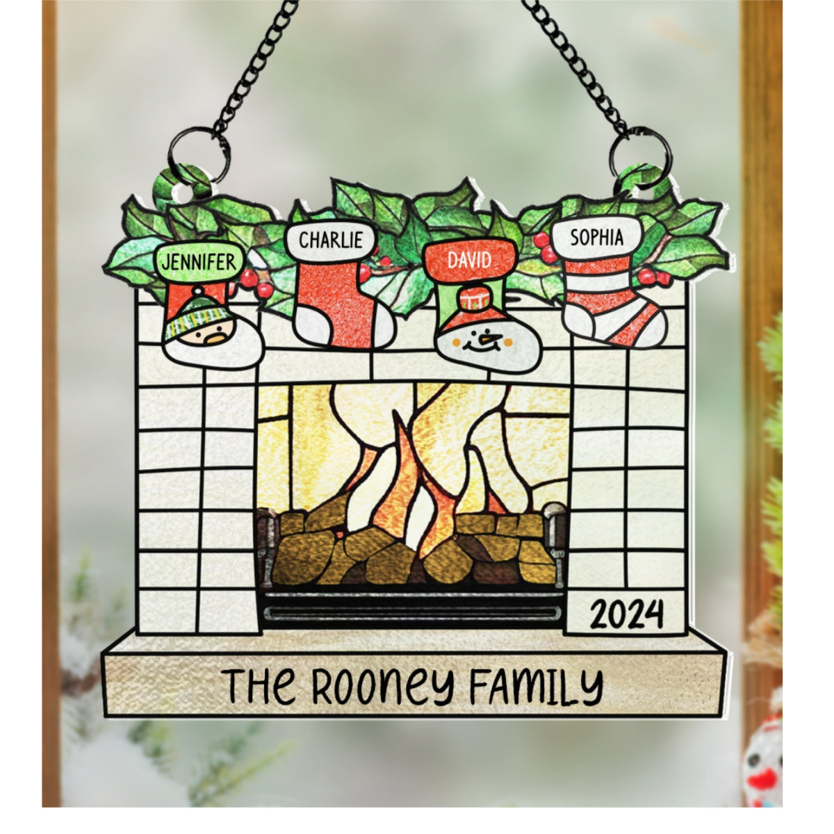 Family Christmas Stockings on Fireplace Personalized Suncatcher, Christmas Stained Glass Decor