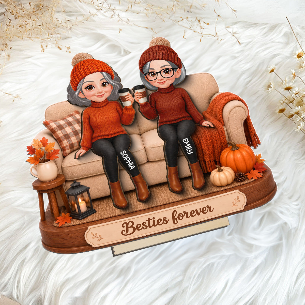 Besties Sitting On Pumpkin Spice Latte 2D Flat - Personalized Wooden Plaque - Cozy Fall Gift
