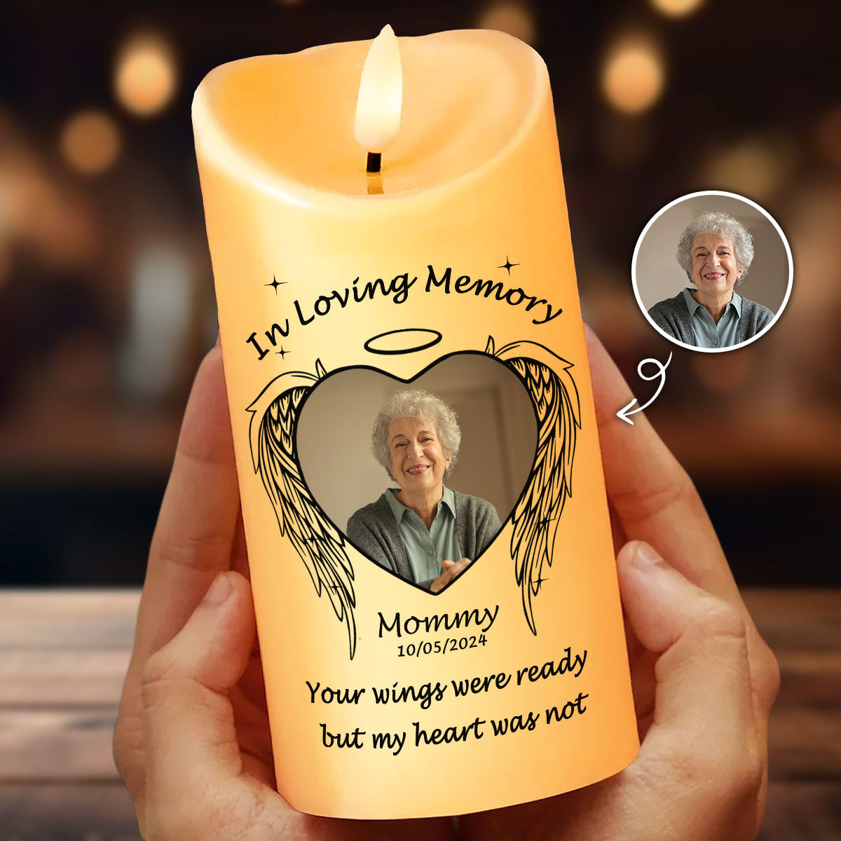 Memorial Angel Wings Personalized LED Candle, Custom Photo Sympathy Gift