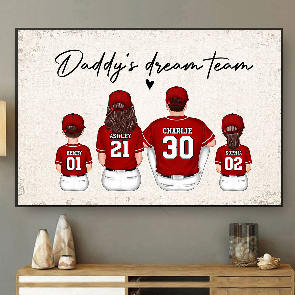 Daddy's Team Softball Family Sitting Personalized Poster, Gift For Family, Dad, Grandpa, Husband
